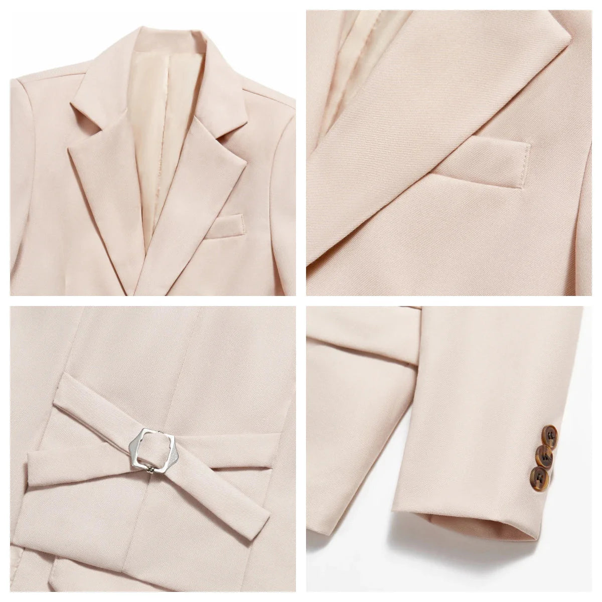 Beige boy's 4-piece formal suit set by SHOWLU FASHION STORE, including tuxedo jacket, shirt, bow tie, and trousers for weddings.