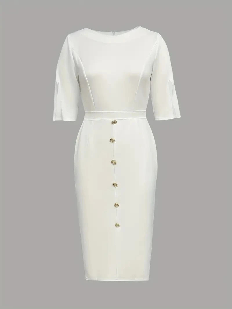 Showlu Women's slim fit mid-calf sheath dress with split sleeves, stylish and elegant for formal or casual occasions.