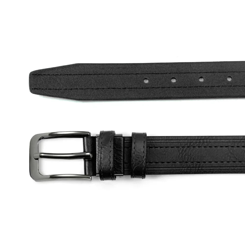 Showlu men's vintage cowhide leather belt with classic metal pin buckle, showcasing durable leather and traditional buckle design.