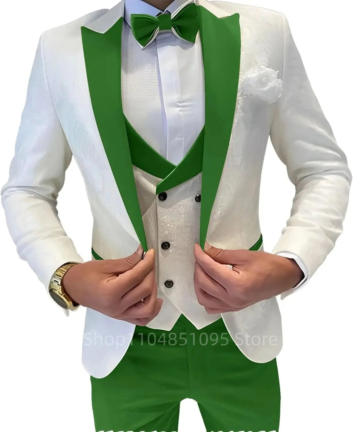 Men's formal groom suit with jacquard pattern, three-piece set including blazer, vest, and pants, featuring peak lapel and single-breasted design.