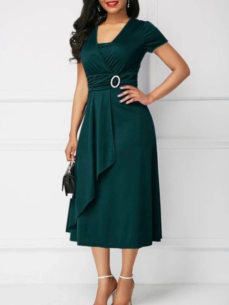 Ehuanhood women's V-neck chiffon midi dress in solid color with A-line silhouette, perfect for parties and elegant occasions.