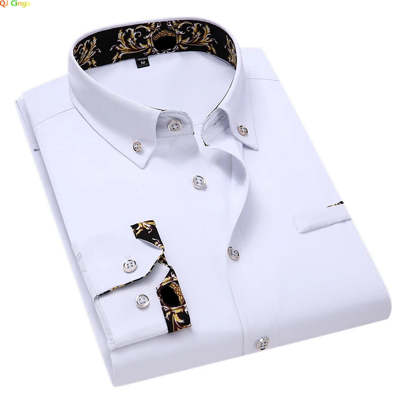 White men's long-sleeve casual cotton dress shirt, stylish social business shirt for men, soft and comfortable fabric.