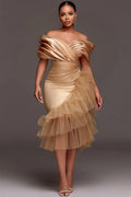 Plus size champagne tulle off-the-shoulder satin midi dress by SHOWLU FASHION STORE, featuring elegant tulle overlay and sleek satin finish.