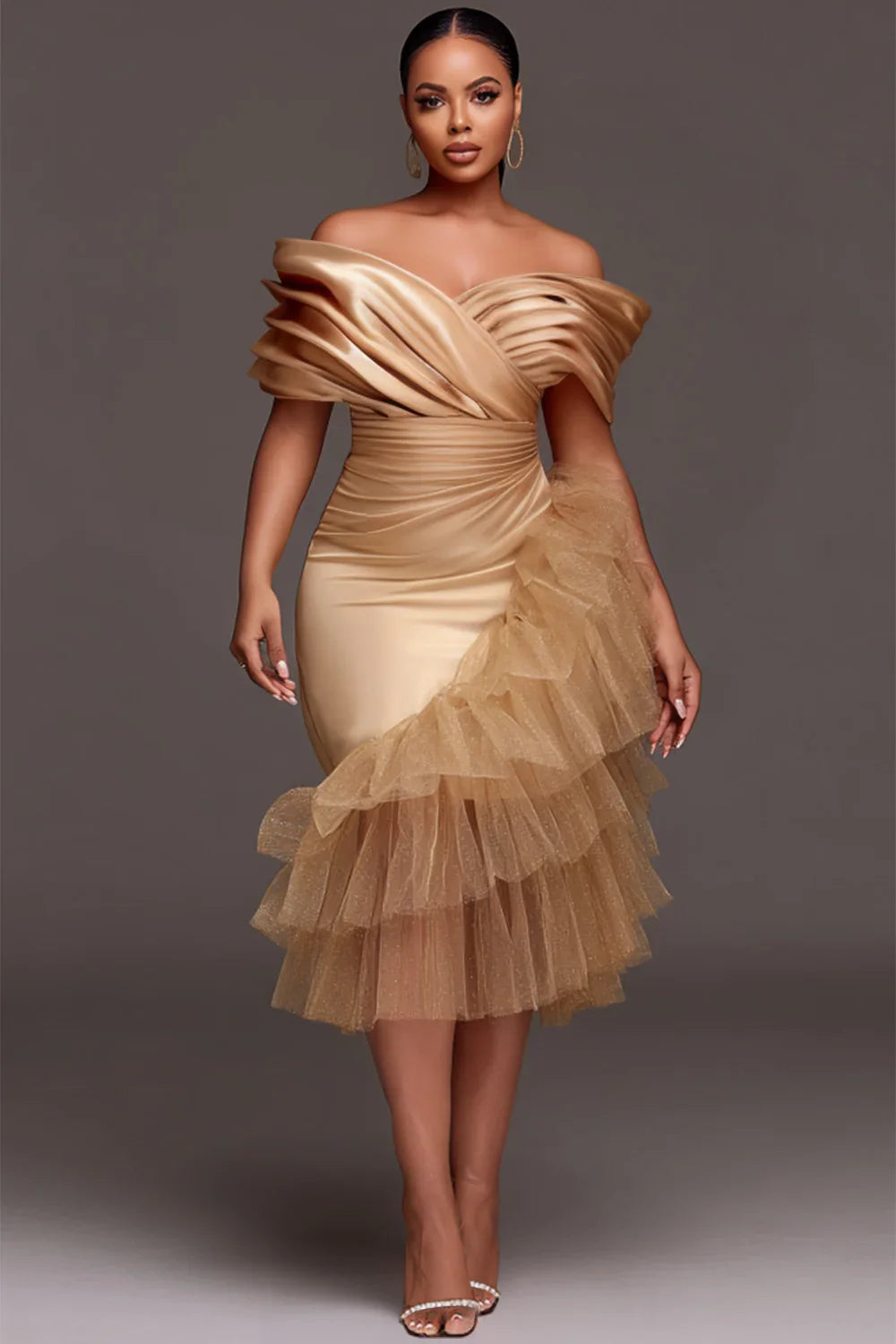 Plus size champagne tulle off-the-shoulder satin midi dress by SHOWLU FASHION STORE, featuring elegant tulle overlay and sleek satin finish.