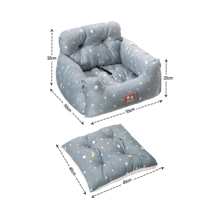 Nylon dog car seat carrier with safety belt by Showlu Fashion Store, designed to keep pets secure during car travel.