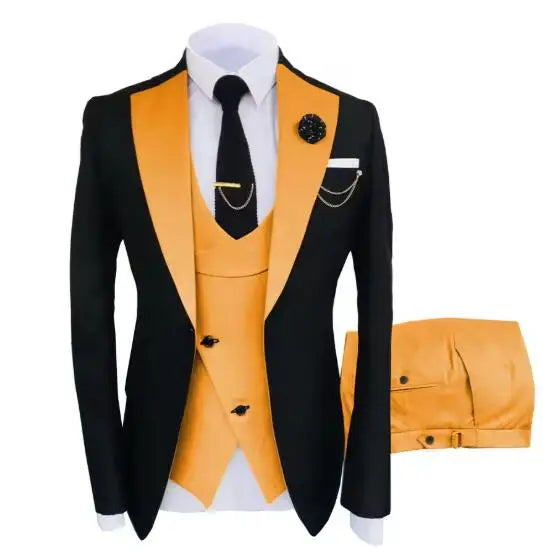 Men's luxury 3-piece tuxedo suit with jacket, trousers, and vest, ideal for parties, groomsmen, and formal events.
