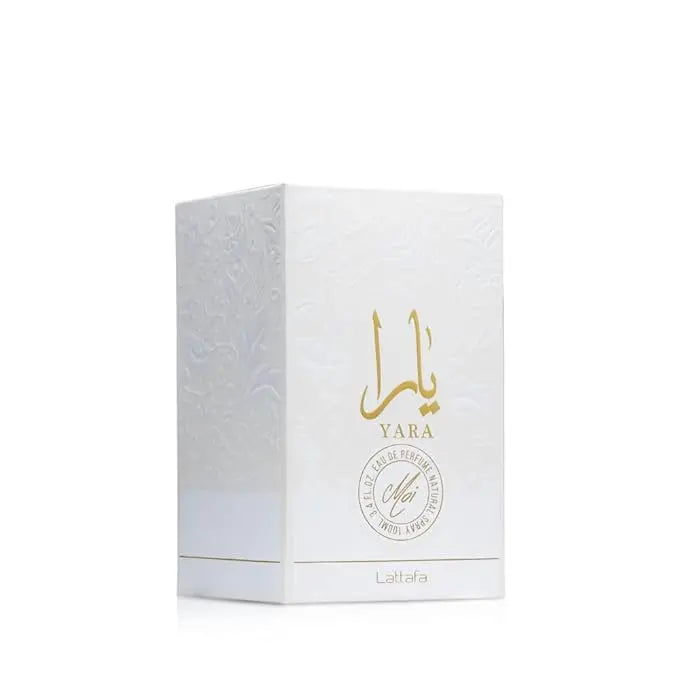 Lattafa Yara Moi women's Arabian perfume bottle, 100ml Gourmand fragrance with elegant floral and sweet scent details.