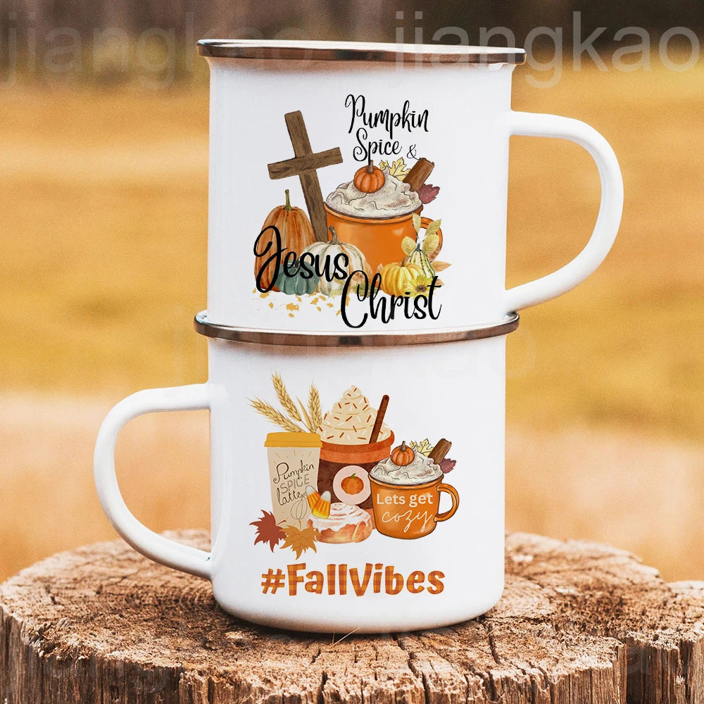 Showlu Pumpkin Spice Jesus Christ enamel mug with fall-themed design, perfect for camping coffee and outdoor use.
