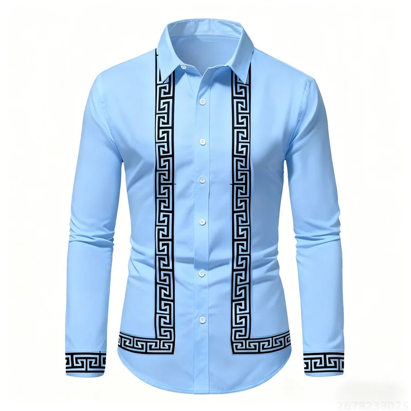 Men's retro geometric print long-sleeve shirt in black and white, slim fit, stylish casual top with color-block design by Showlu Fashion.