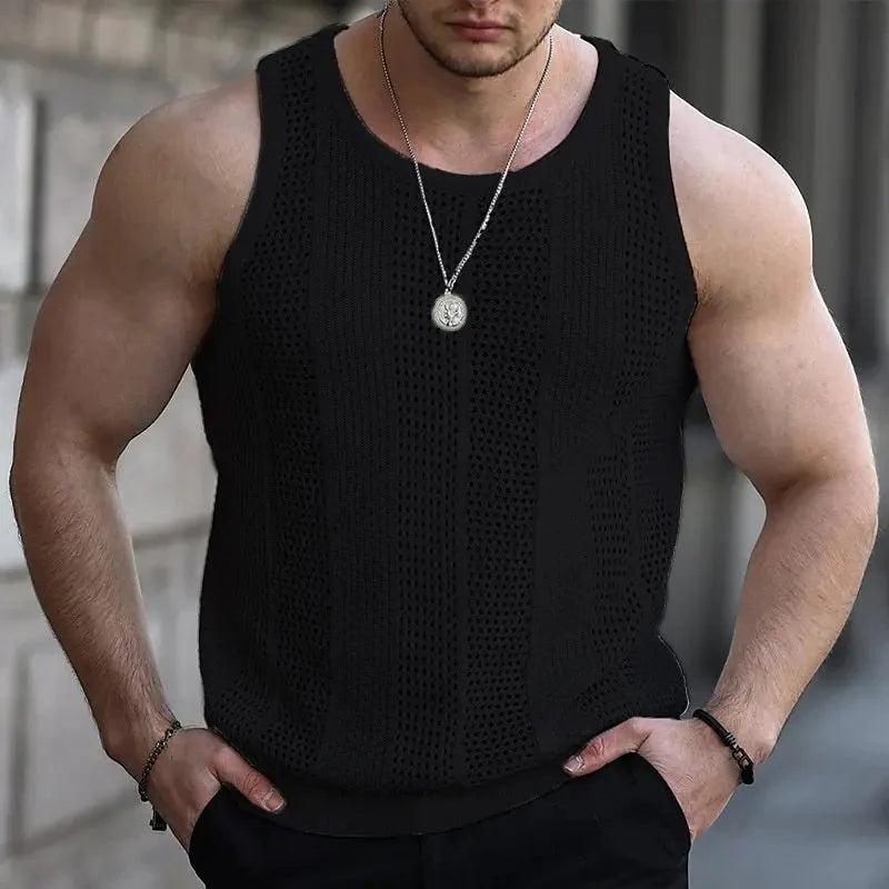 Slim knit men's tank top by DUTRIEUX, sleeveless summer vest with hollow design, shown in a neutral color.