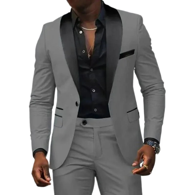 Men's fashion business casual two-piece suit with slim-fit jacket and trousers, breathable and comfortable, side slit design.
