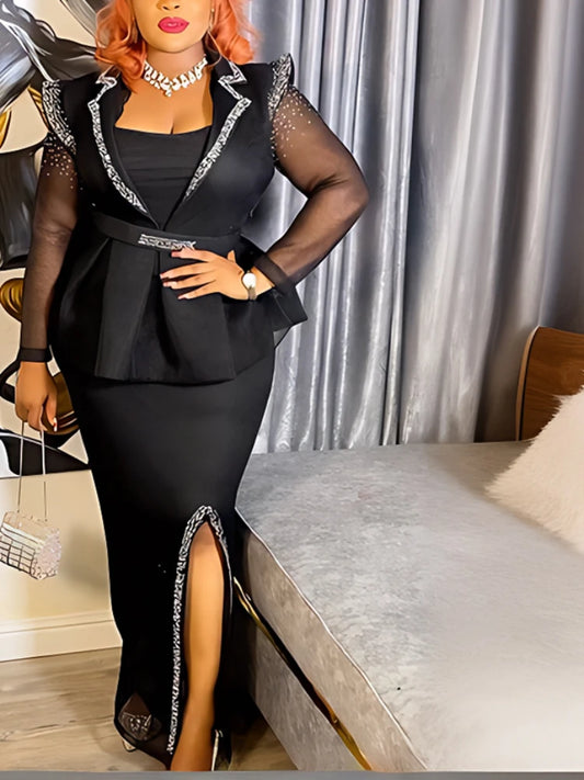 Women Fashion Celebrate Evening Party Dress Turn Down Neck Diamond See Through Long Sleeve Slim Slit Birthday Wedding Guest Robe