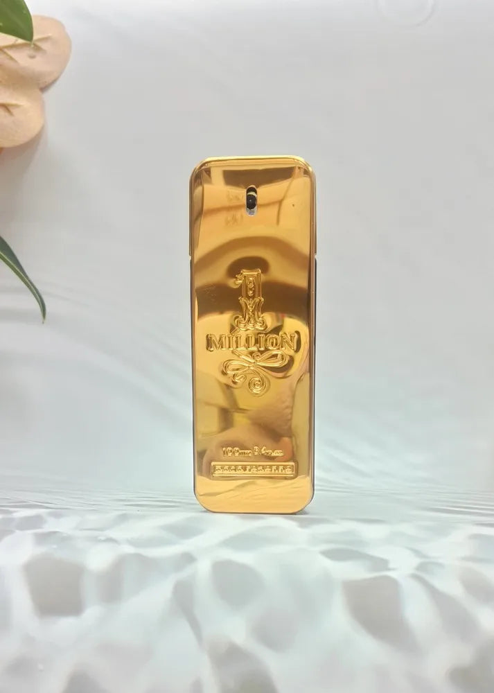 Paco Rabanne 1 Million Eau De Toilette for Men in 3.4 oz bottle, showing the distinctive gold bar-shaped packaging.
