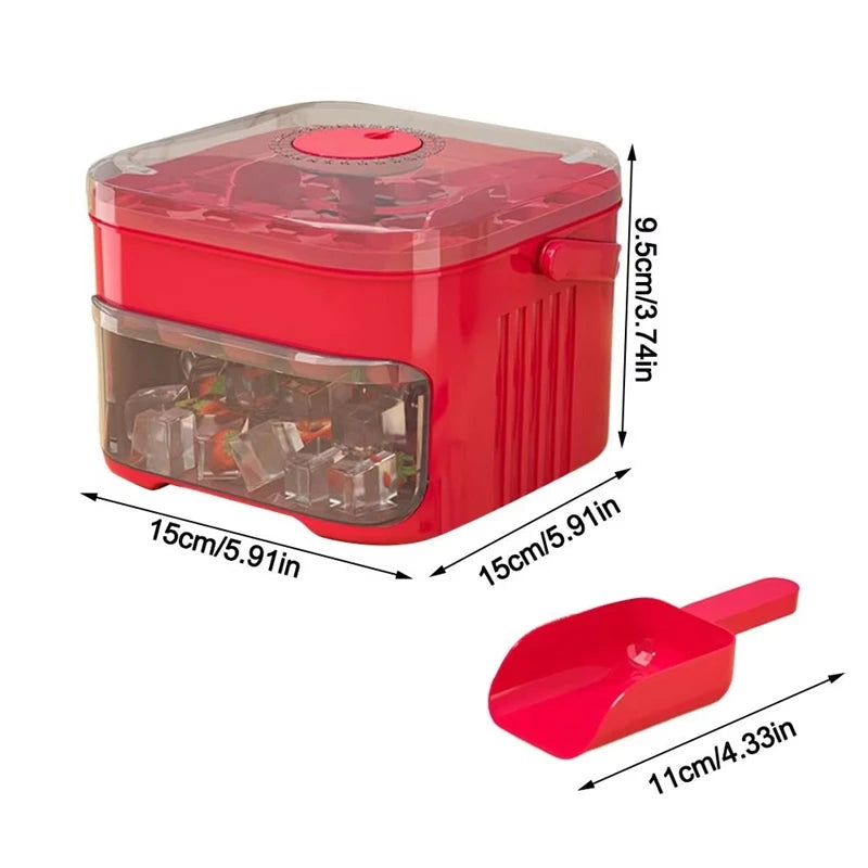 Showlu Smart Mini Portable Ice Cube Machine with 50-grid plastic ice box, compact and convenient for on-the-go cooling.