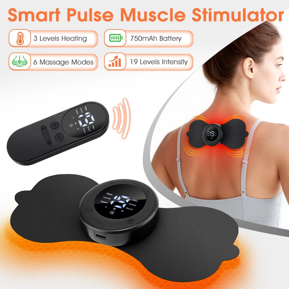 Showlu Electric EMS muscle stimulator and body massager with USB rechargeability, compact design, and control interface.