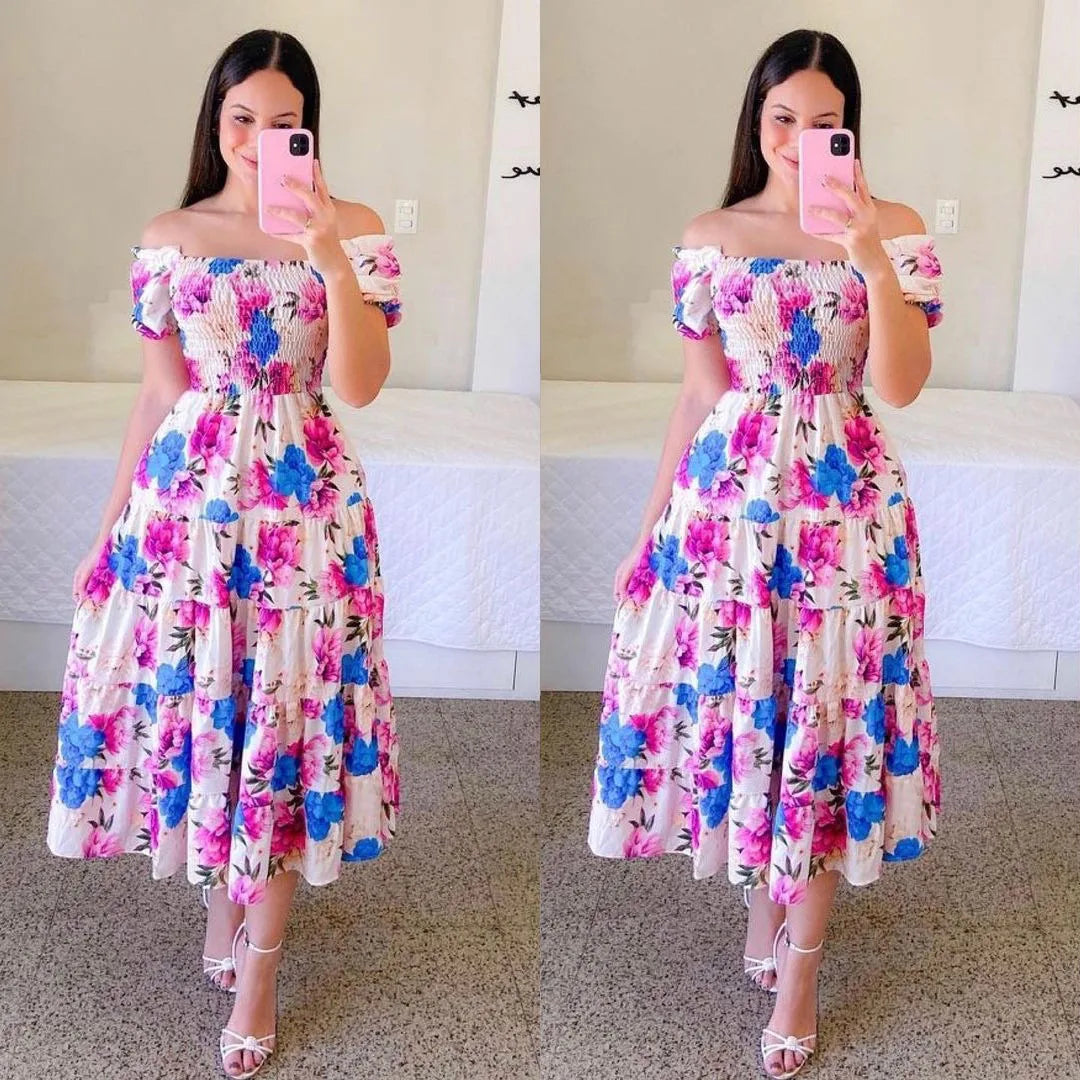 Women's high waisted A-line summer dress with slash neck and floral print by SHOWLU FASHION STORE.
