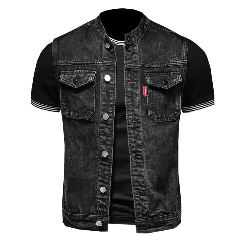 New High Quality Fall on The New Fashion Handsome Trend Everything Black Stand Collar Large Size Cowboy Vest Man   Vest for Men SHOWLU FASHION STORE