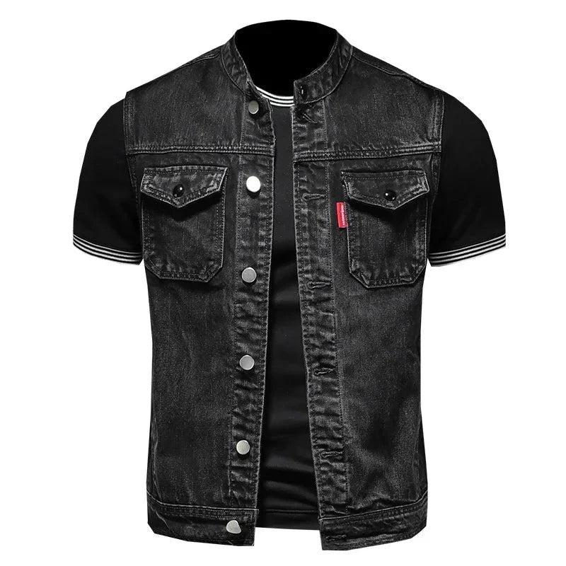 SHOWLU men's black denim vest with stand collar, casual cotton blend waistcoat, front button closure, and stylish design