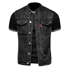 New High Quality Fall on The New Fashion Handsome Trend Everything Black Stand Collar Large Size Cowboy Vest Man   Vest for Men SHOWLU FASHION STORE