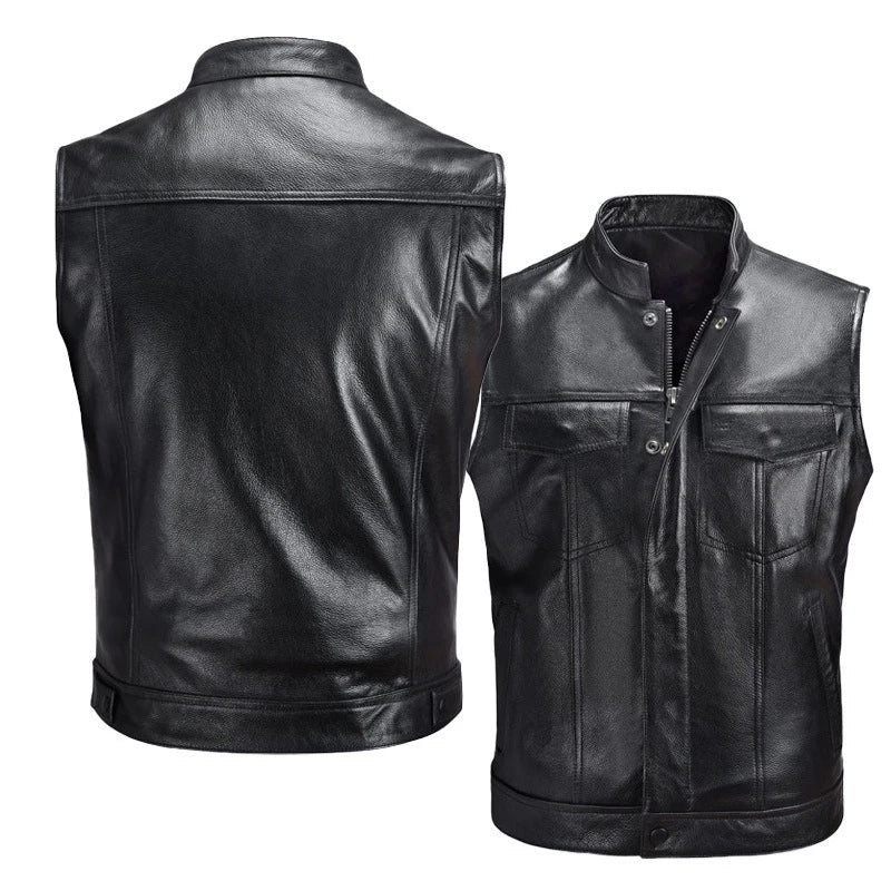 Men's faux leather biker vest with stand collar, stylish autumn winter waistcoat, shown in black, from SHOWLU FASHION STORE.