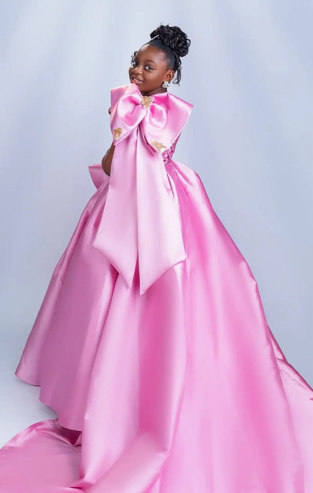 Elegant pink satin ball gown for girls with beaded flower embellishments, designed by 1170uf-he.