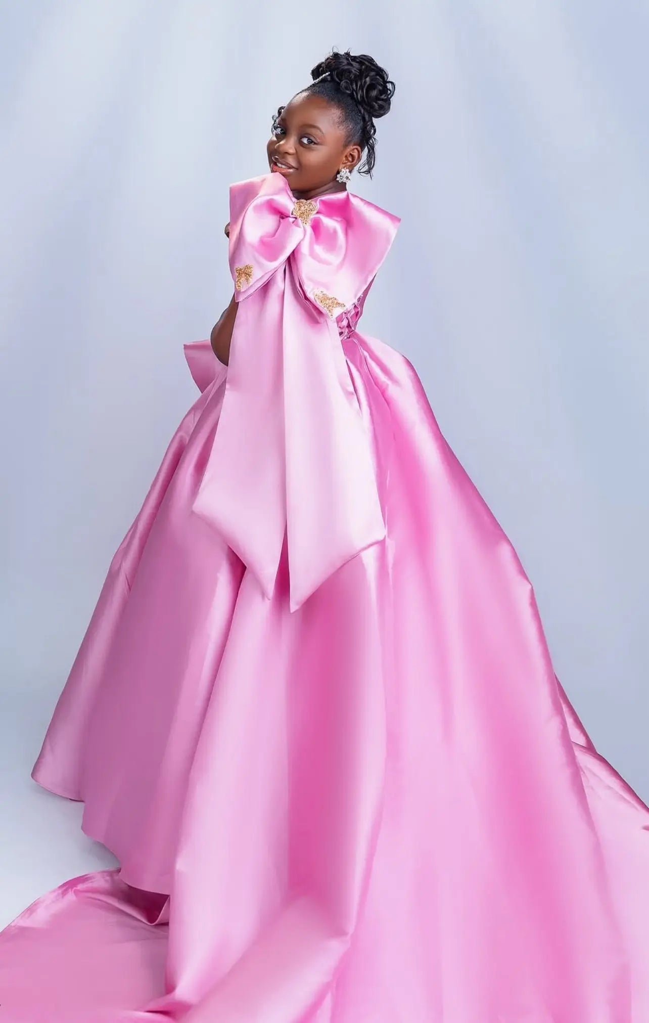 Elegant pink satin ball gown for girls with beaded flower embellishments, designed by 1170uf-he.