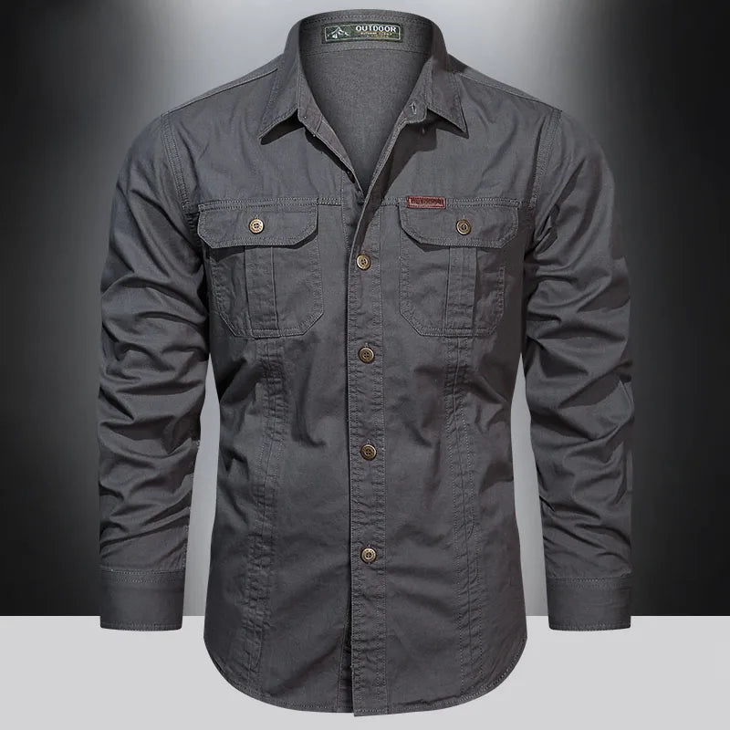 Men's cotton cargo shirt by SHOWLU FASHION STORE, long sleeve military overshirt with multiple front pockets and casual style.