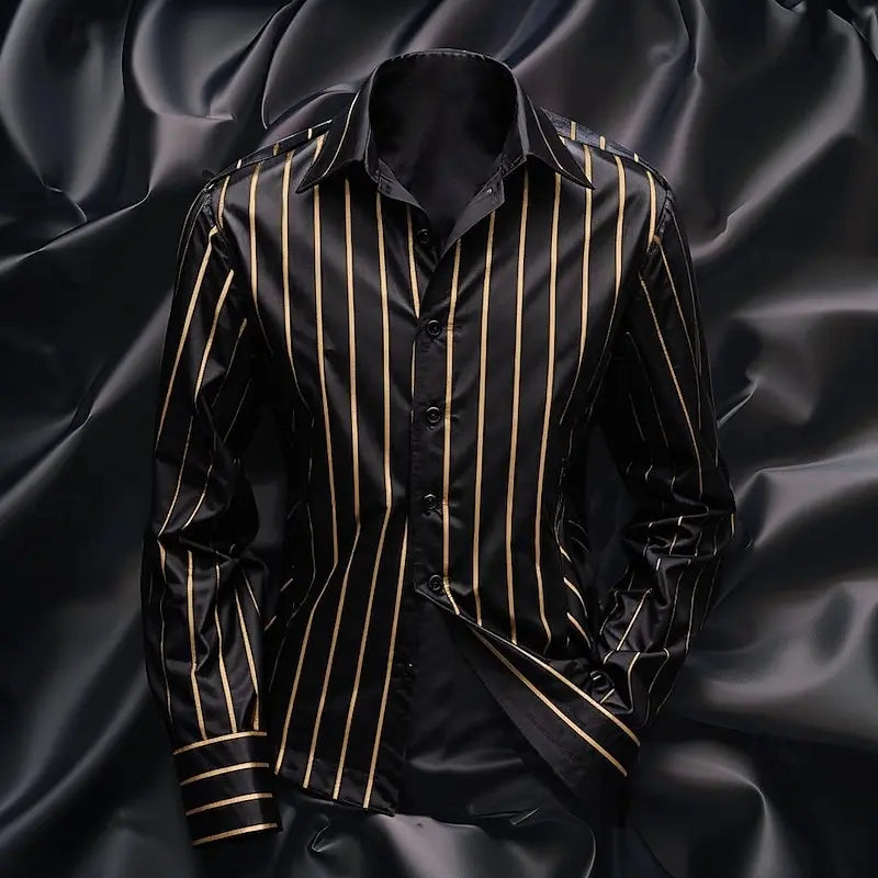 Stylish men's striped long sleeve casual shirt with lapel collar, soft and comfortable fabric, plus size, ideal for outdoor wear.