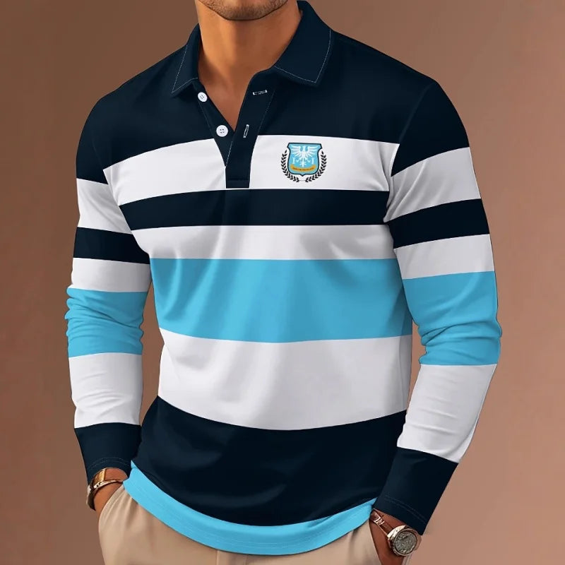 Men's long sleeve polo shirt with classic stripe print, comfortable fit, button collar, in autumn casual style.
