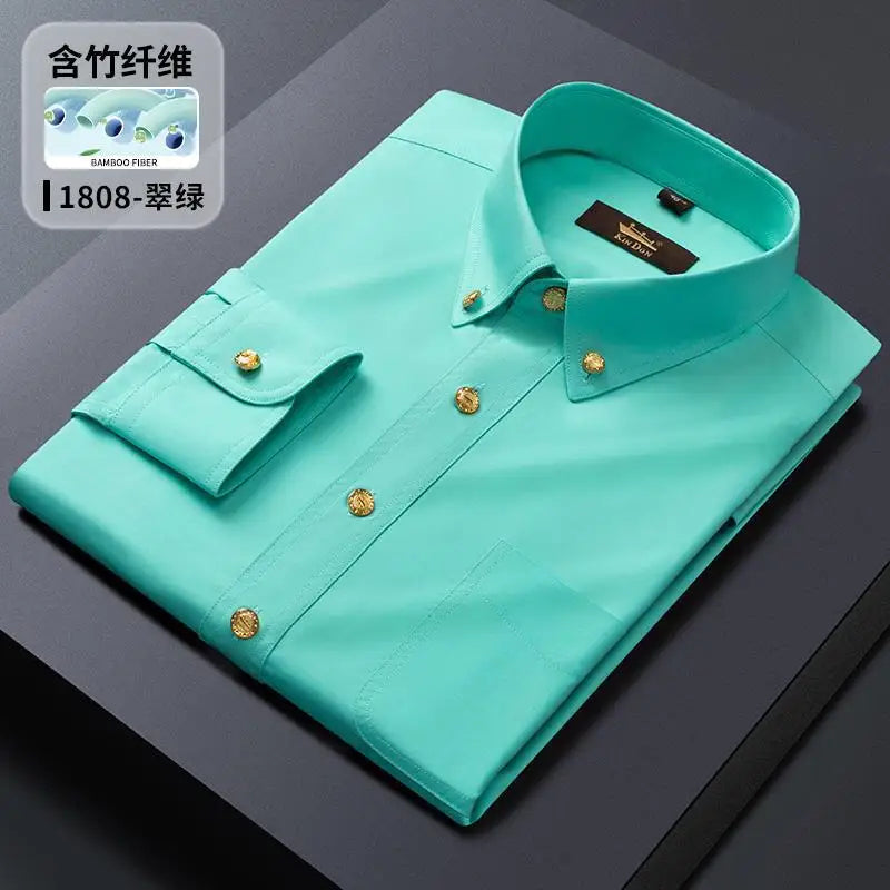 Men's luxury brass button long sleeve business casual shirt by Showlu Fashion, ironing resistant, perfect for office work or gifting.