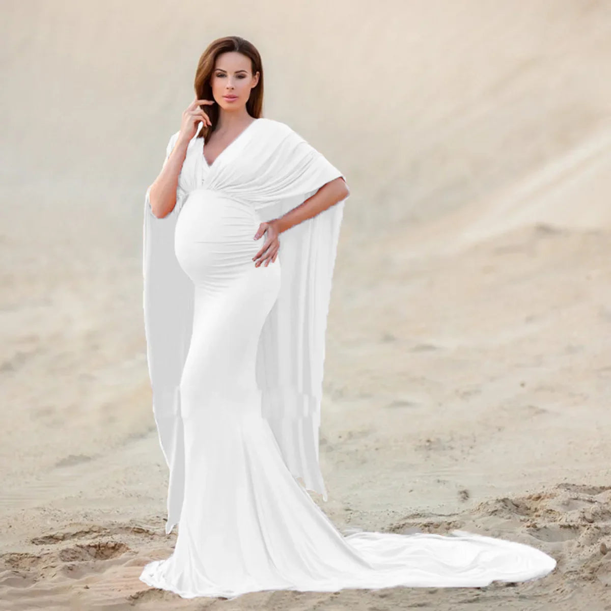 Elegant SHOWLU FASHION STORE maternity maxi dress with batwing sleeves, perfect for photoshoots and comfortable maternity wear.