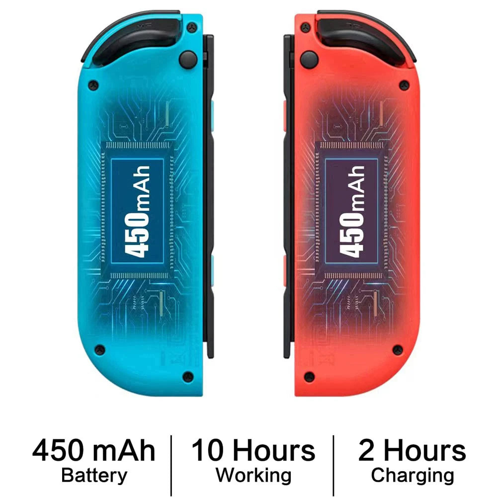 Wireless Showlu Joy Con gamepad for Nintendo Switch with Bluetooth, vibration, turbo, and wake-up function, shown with controllers on a gaming setup.