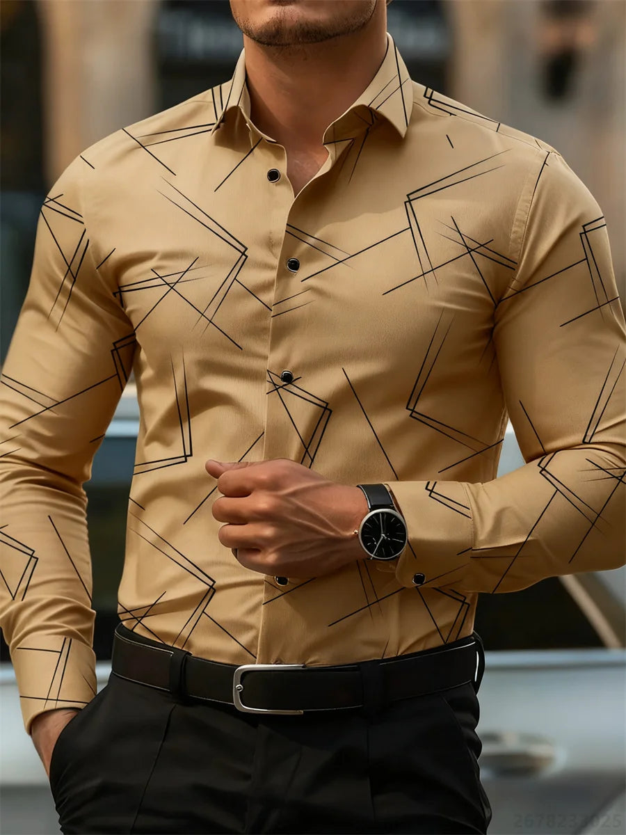 Men's slim fit long-sleeve shirt with geometric line print, business casual style, non-iron fabric, versatile fashion design