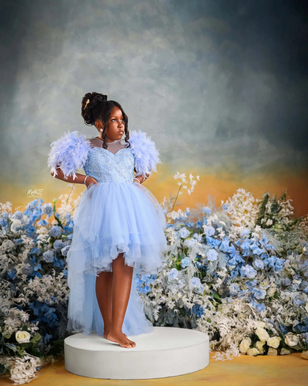 Light Sky Blue Flower Girl Dress Customized Feather Kids Pageant Dresses Luxury Girl Prom Birthday Gown For Photoshoot