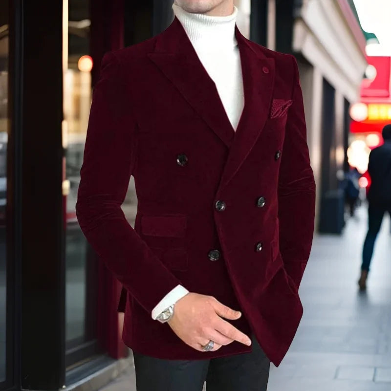 Italian style men's slim fit velvet suit jacket with peak lapels, double-breasted blazer for wedding or formal occasions.