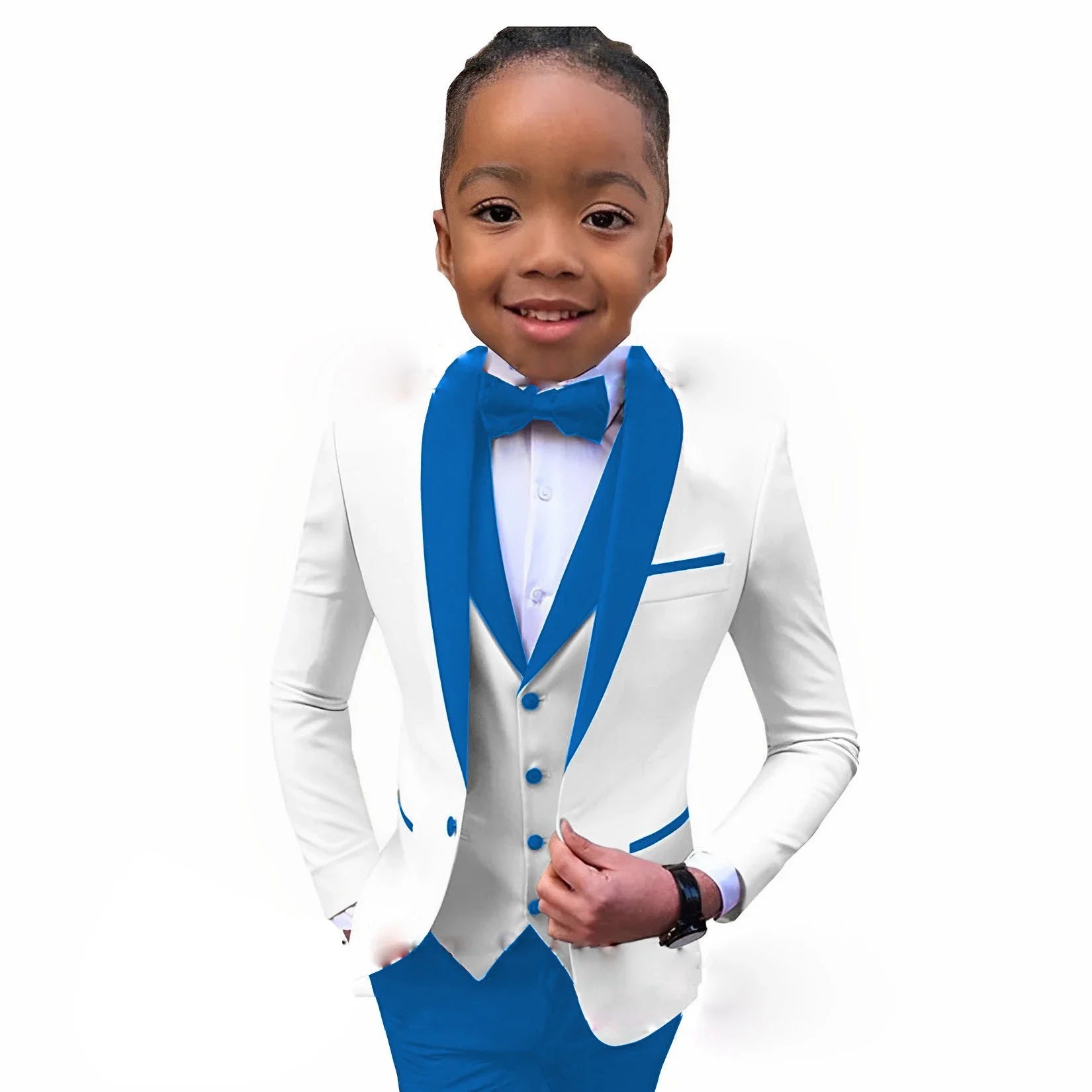 White boys' tuxedo suit with royal blue collar, 3-piece formal wedding attire for children ages 2-16, by Showlu Fashion Store.