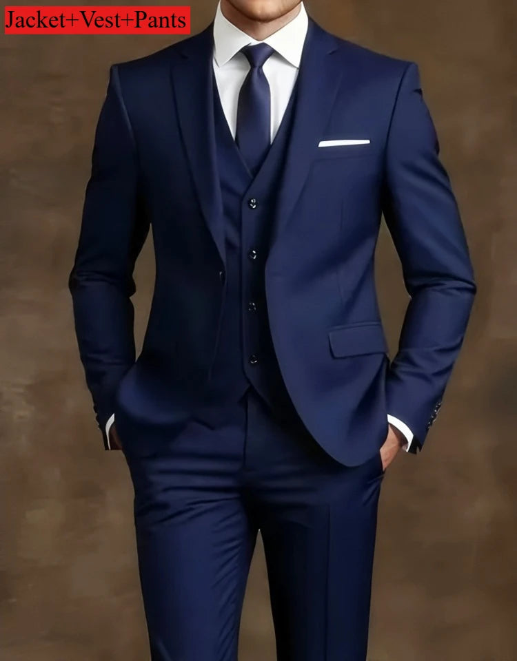 Elegant men's black slim fit tuxedo suit set for weddings and formal occasions, showcasing tailored jacket and matching trousers.