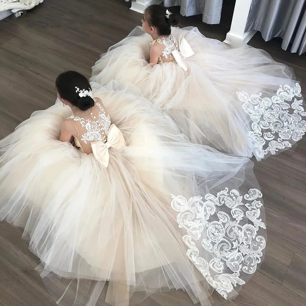 Lace tulle flower girl dress with a princess ball gown design, featuring delicate details for weddings by Showlu Fashion Store.