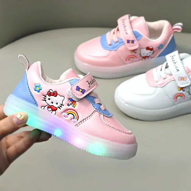 Lighted Miniso Hello Kitty kids' canvas sneakers with soft soles and LED lights, designed for comfortable, playful wear.