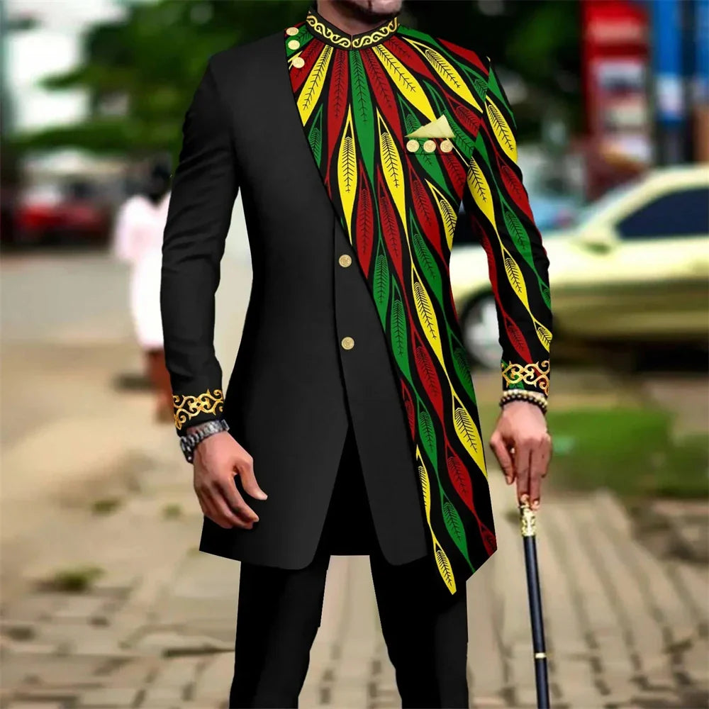 SHOWLU Men's African embroidery print suit, 2-piece slim fit wedding set featuring traditional embroidery and modern tailored style.