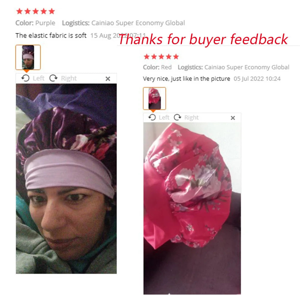 Satin women’s printing sleep bonnet with elastic wide band, hair loss cover, and head wrap for night hair care and comfort.