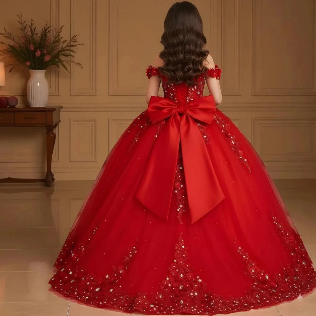 Customized Wedding Birthday Prom Party Red Flower Girl Dress Tulle Floral Appliques With Bow For Evening Banquet Princess Gown