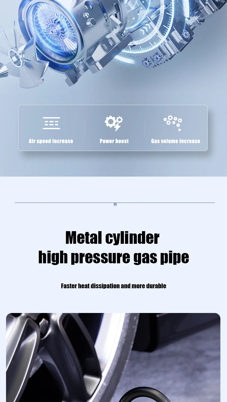 Showlu Smart General portable digital air compressor tire inflator, 12V wireless device with digital display and tire nozzle.