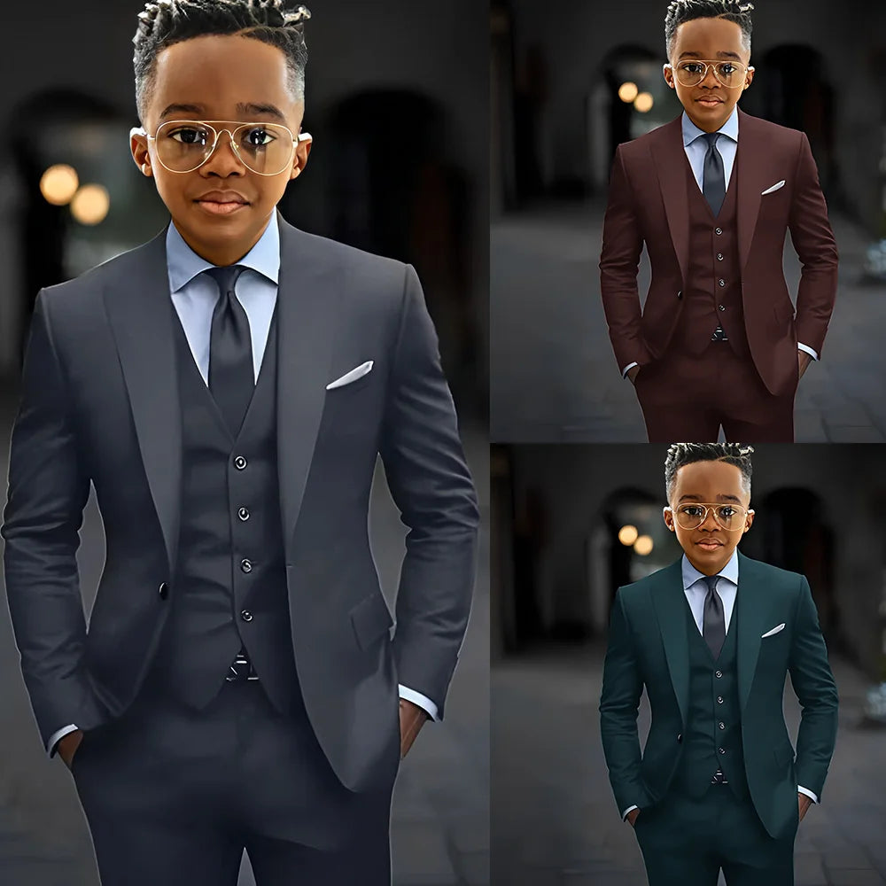 Dark grey high-quality boys' suit set with slim fit, single-breasted jacket, peak lapel, vest, and pants for formal occasions