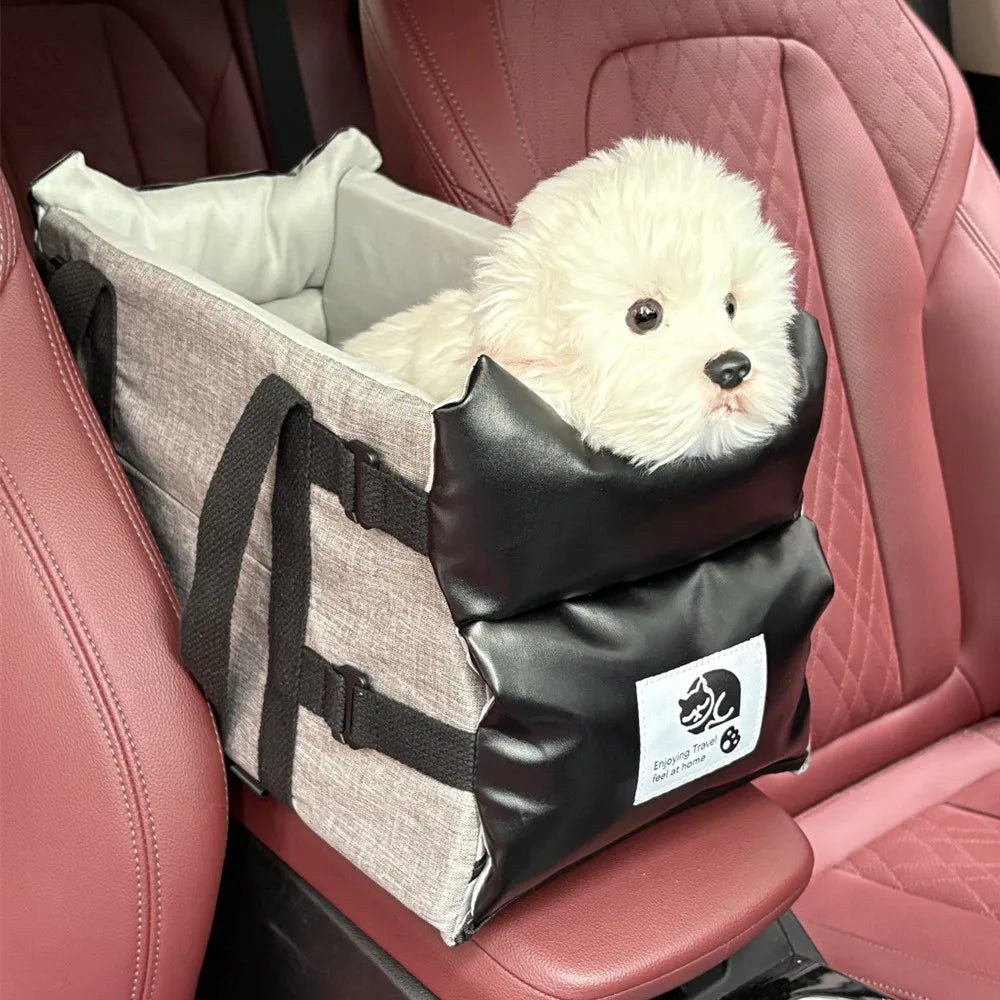 Portable Showlu Fashion Leather Pet Car Seat with small dog travel bed, designed for comfortable travel and secure pet safety.