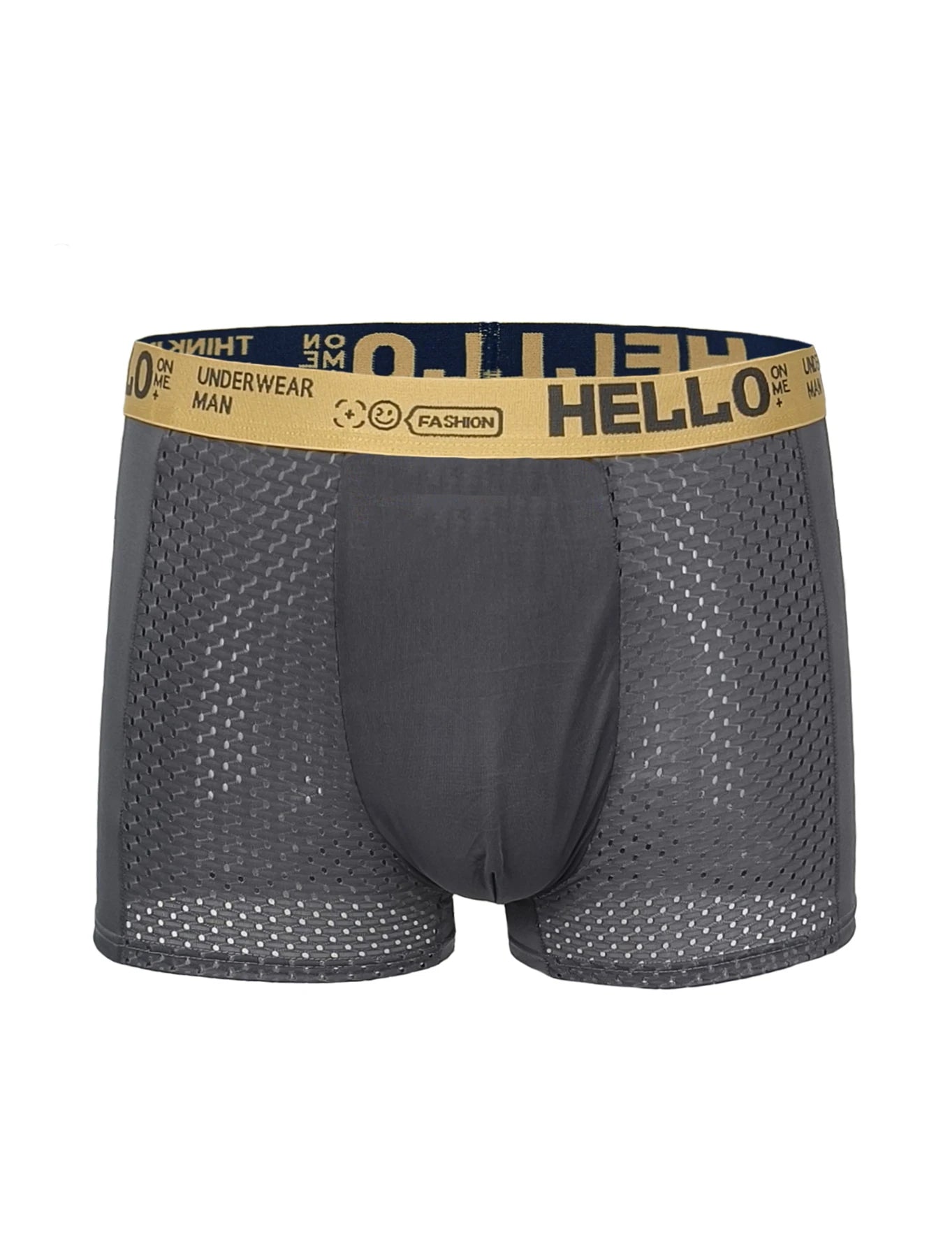 Men's Ice Silk Mesh Boxer Briefs by Showlu Fashion with "HELLO" logo waistband in black, teal, yellow, or gray, single piece underwear