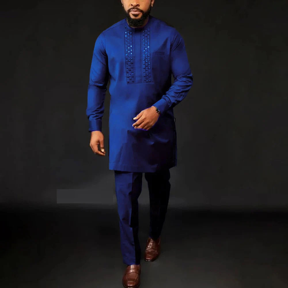 New In African Summer Business Men's Short Sleeve Suit Embroidery Dashiki Shirt Pants Sets 2 Pieces Outfits Wedding Party 2025