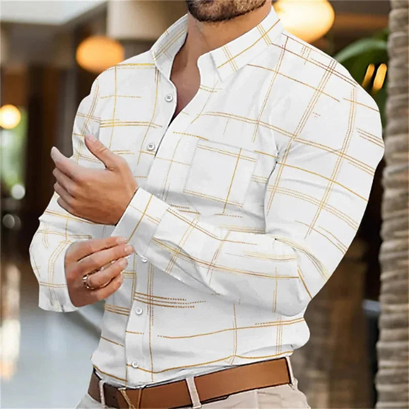 SHOWLU Men's slim fit 3D stripe print dress shirt made of bamboo fiber, stylish and comfortable men's business shirt