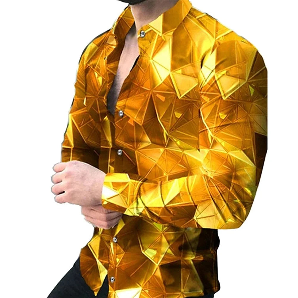 Men's long sleeve slim fit shirt with geometric graffiti pattern, casual streetwear style, oversized fit from Showlu Fashion Store.