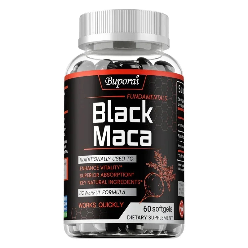 Black Maca supplement bottle from Showlu Fashion Store, promoting energy, endurance, muscle mass, and hormone balance.